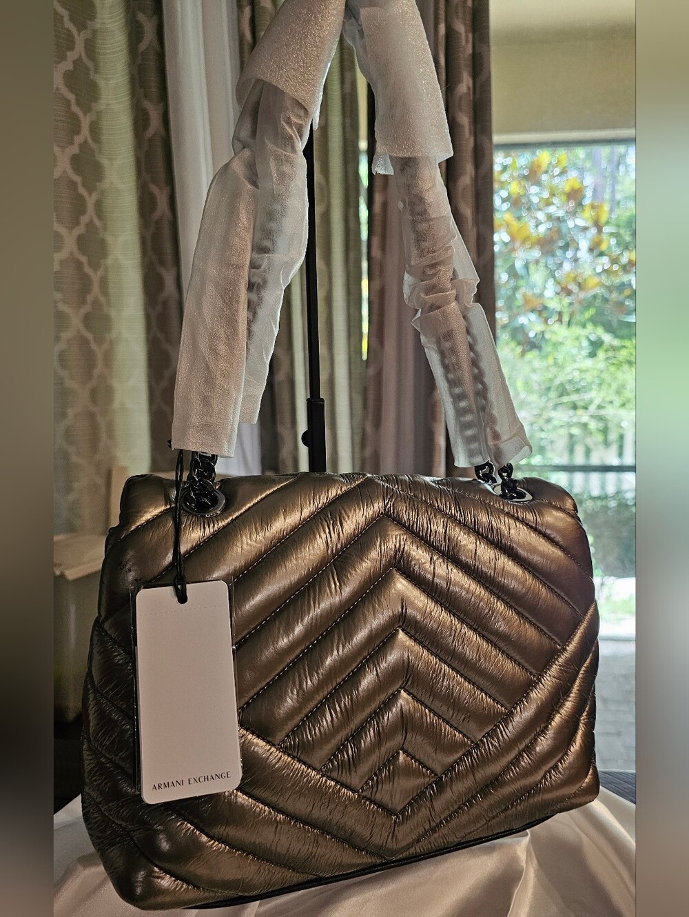 NWT Armani Exchange Metallic Gunmetal Quilted Chain Shoulder Bag - Picture 7 of 14